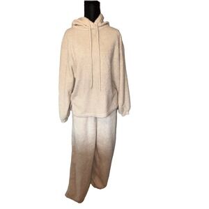 Asos Twosie Ivory Borg  Sweatshirt hooded Top Straight Leg Pants Set Size 8-10